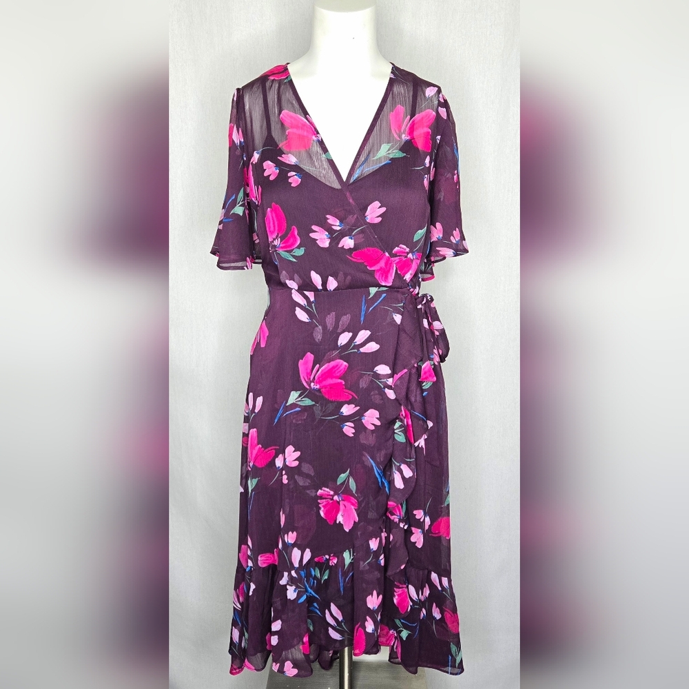Calvin Klein Floral Hi-Low Wrap Wedding Guest Dress Purple Pink Size 6 NWOT